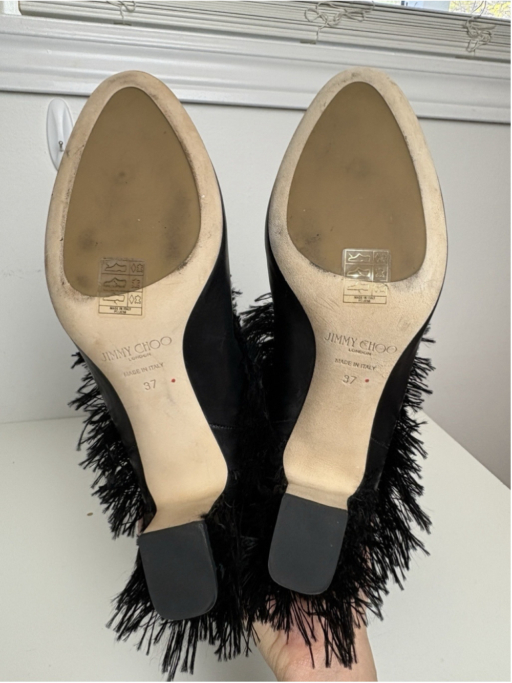 Jimmy Choo Knee High Boots Black Leather Size 37 Magalie Fringe - Picture 14 of 16